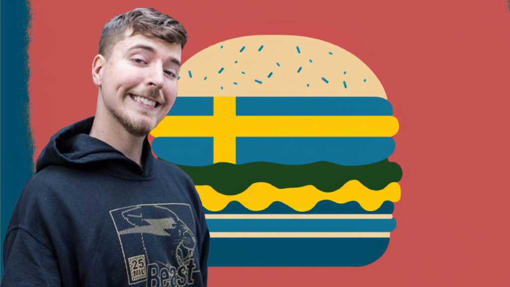 MrBeast framför en bild av hamburgare med svensk flagga